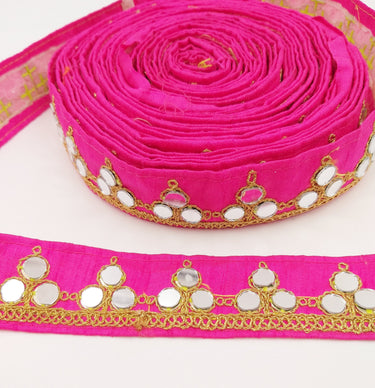Fuchsia Pink Silk Trim With Mirrors Embellishments and Gold Embroidery, Approx. 34mm Wide, Decorative Trim Costume Trim Fashion Trim By Yard